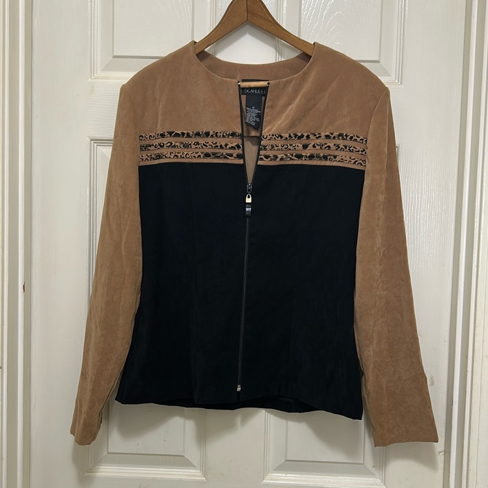 SCARLETT Lightweight Suede Blazer Chic Vintage Black Tan / Animal Print.